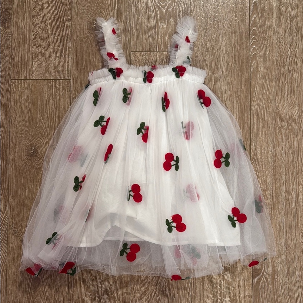 Cherry Embroidered White Kids Formal Dress